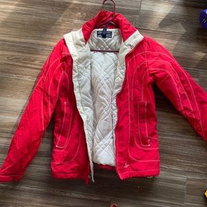 Ref and white ski jacket